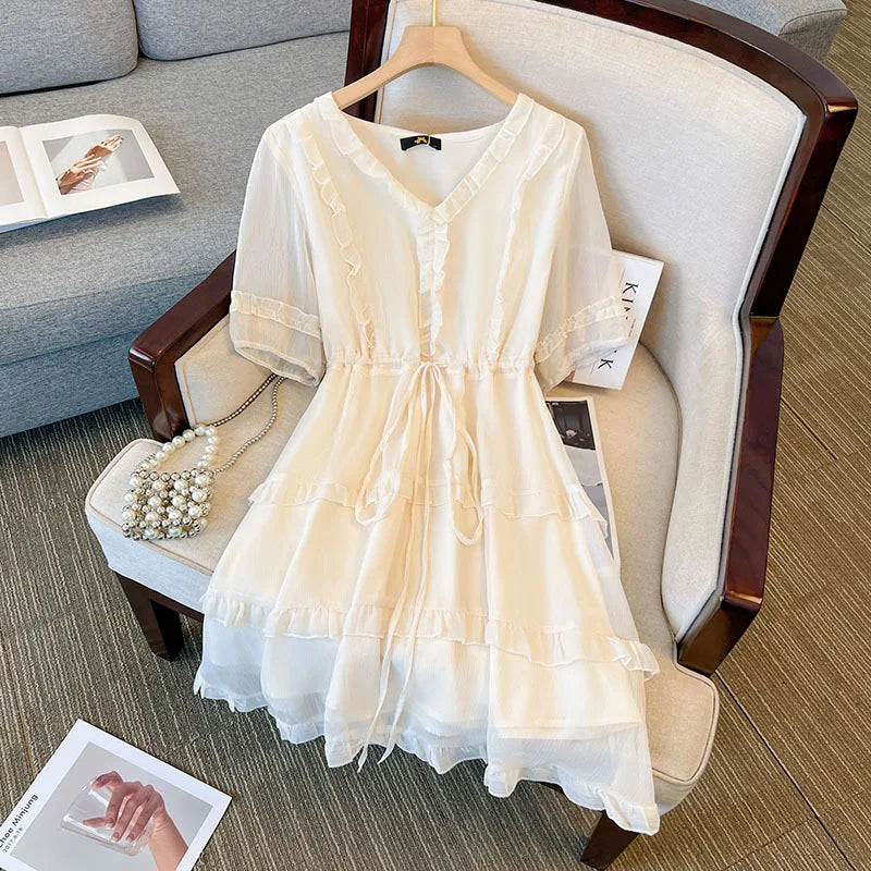 Plus Size 150Kg Women's New Summer Bust 148cm Loose V-Neck Short Sleeve Dress Black White 5XL 6XL 7XL 8XL 9XL 10XL