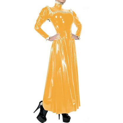 Plus Size Ladies Elegant Long Dress High Neck Ruched Trims Long Sleeved Vestidos Bodycon Back Zip Wetlook PVC Leather Ball Gowns