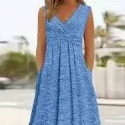 Plus Size Women's Casual V-Neck Short Sleeve A-Line Dress - Blue and White Abstract Print, Breathable Summer Evening Dress, Mach