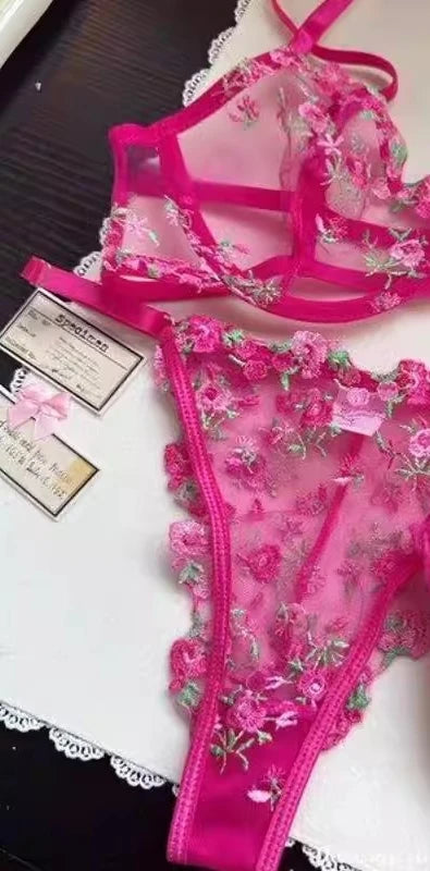 European Women Alluring Sheer Lace Embroidery Underwire Bra, Big Bust Support Minimize Anti‑Sagging Soft Lingerie S‑XL  Bra Set