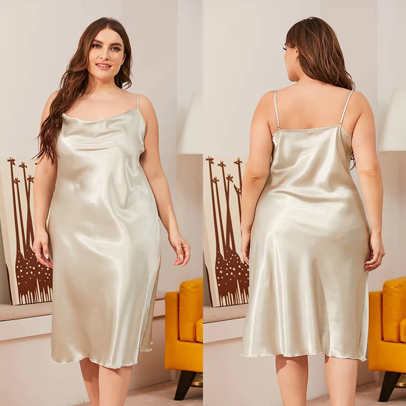 Plus Size 3XL 4XL 5XL Women's Nightgown Chemise Sleepwear Sexy Suspender Lace V-Neck Nightdress Loose Satin Homewear