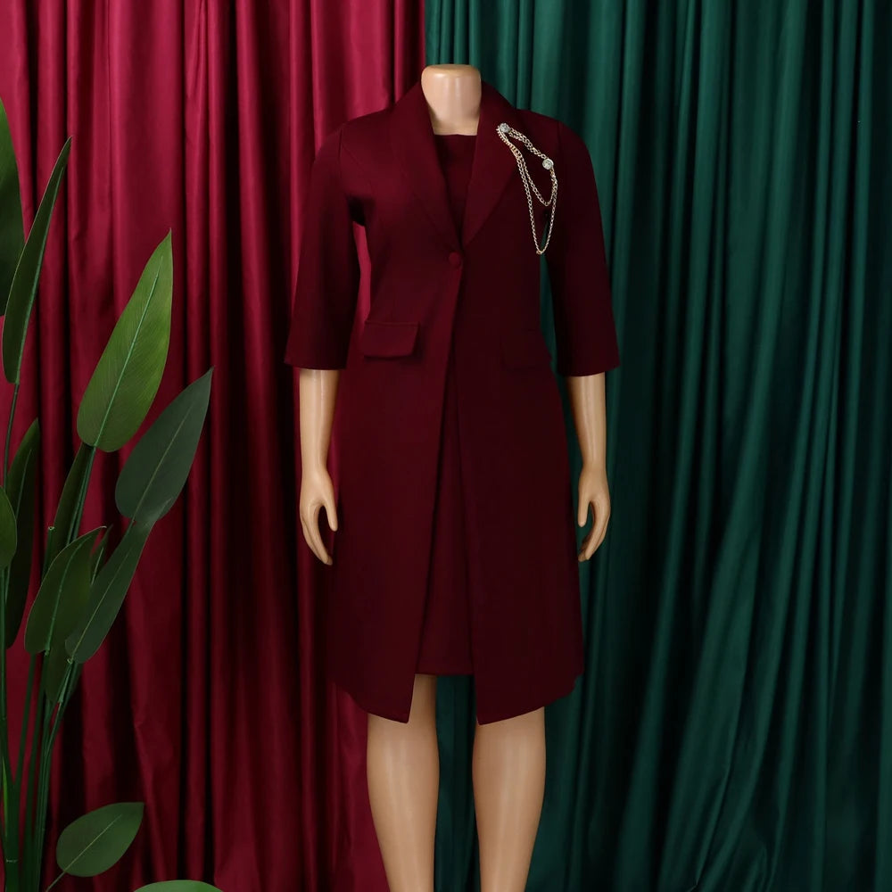 Plus Size Women 2 Piece Outfit Long Blazer Coat Matching Dress Set 3/4 Flare Sleeve Formal Wear Elegant Church Office Lady Suit