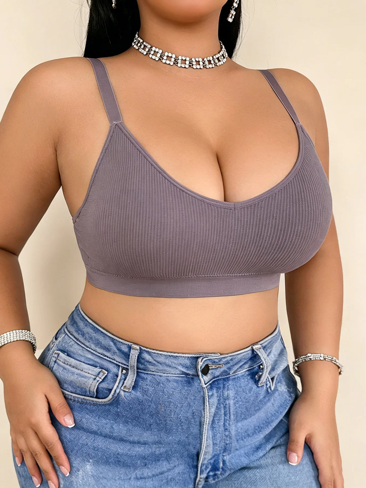 New Large-Sized Women'S Bra With Loop Connection Design, No Steel Ring, No Trace, Comfortable Ribbed Gathering Bra