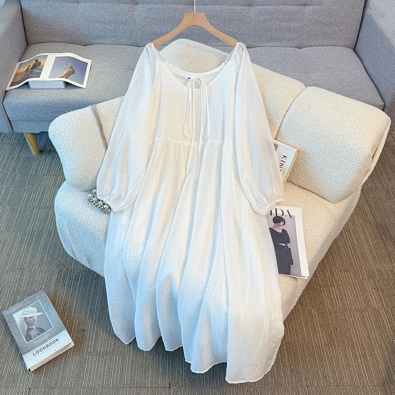 150Kg Plus Size Women's Bust 151 Autumn Solid Color Strap Casual Style Square Neck Long Sleeved Dress 5XL 6XL 7XL 8XL 9XL
