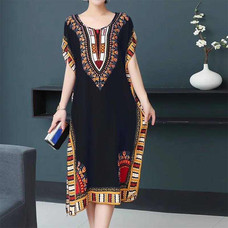 Plus Size Elegant Party Woman Midi Dresses Casual Retro Ethnic Style V-neck Tunic Large Swing Floral Printed Long Skirt Holiday