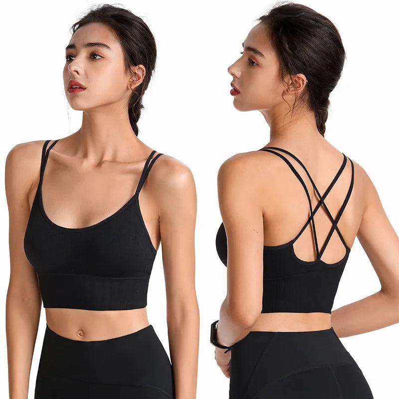 Sexy Women Tops Back Cross Straps Tank Tops Push Up Running Sports Bra Breathable Soft Fitness Beauty Gym Shockproof Yoga Bra