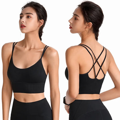Sexy Women Tops Back Cross Straps Tank Tops Push Up Running Sports Bra Breathable Soft Fitness Beauty Gym Shockproof Yoga Bra