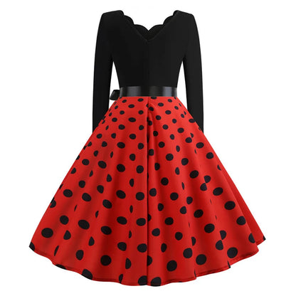 Plus Size Women Dress Vintage Long Sleeve Polka Dot Spring Autumn New Year Party Dresses 3XL Vestidos