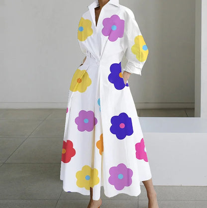 Plus Size Dress for Women Summer Elegant Lapel Oil Painting Button Shirt Dress Vestidos Casual 3/4 Sleeve Dress Party Vestido