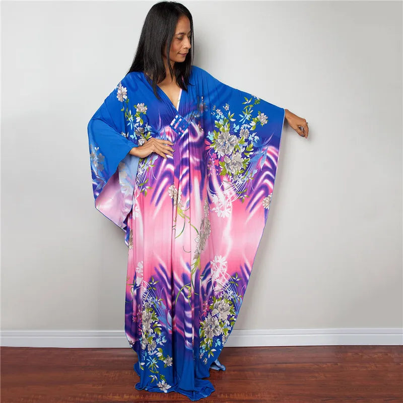 Plus Size Dresses Womens Caftan Floral Print Kaftan Dress Short Sleeve Swimsuit Cover up Loungewear for Summer