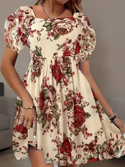 Plus Size 1XL-5XL Fashion Short Sleeve Floral Print Dress Ladies Casual Puff Sleeve Square Neck Dress For Spring & Summer