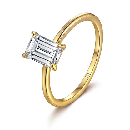 CKT Real 18k Gold Ring for Women Four-claw Emerald Rectangular 1ct Diamond Moissanite with GRA Cartificate Fine Jewelry