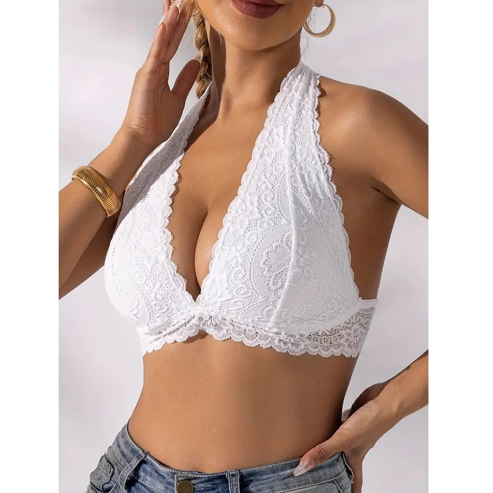Plus Size Sexy Floral Lace Backless Halter Bra Comfy & Breathable Deep V-neck Seamless Wire Free Bras Women Underwear