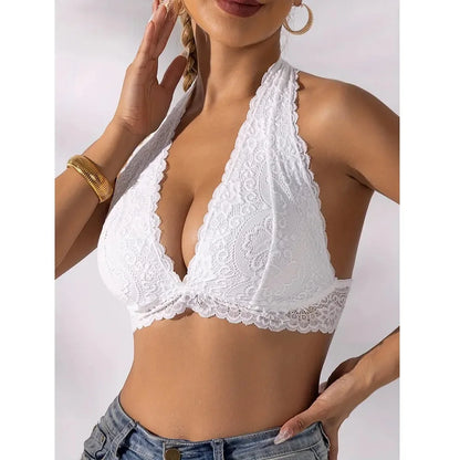 Plus Size Sexy Floral Lace Backless Halter Bra Comfy & Breathable Deep V-neck Seamless Wire Free Bras Women Underwear