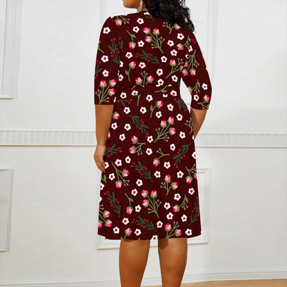 Plus size dress for curvy women Floral V-neck 3/4 sleeve A-line skirt with belt