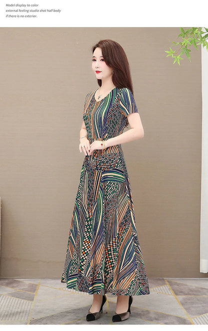 Women's Plus Size Print Dress Summer Mid-Age Mother Loose Long Flared Skirt Elegant Knee Length Dress