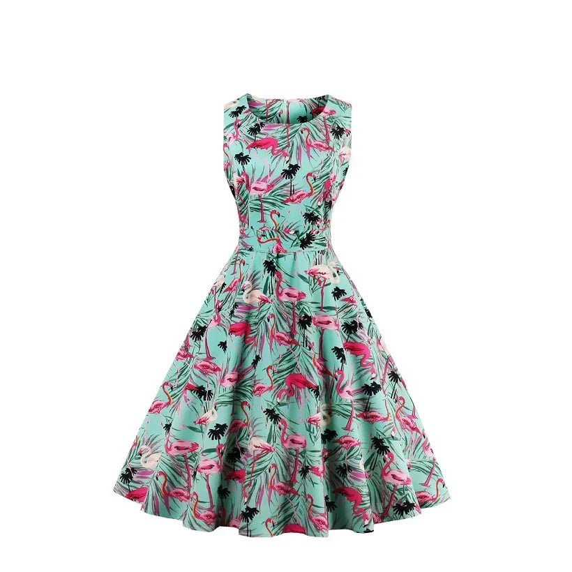 Plus Size Swan Flamingo Print Vintage Dress Women Casual Tunic Pin Up Robe 50s Rockabilly Summer Party Dresses Feminino Vestidos