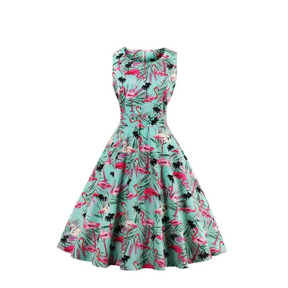 Plus Size Swan Flamingo Print Vintage Dress Women Casual Tunic Pin Up Robe 50s Rockabilly Summer Party Dresses Feminino Vestidos