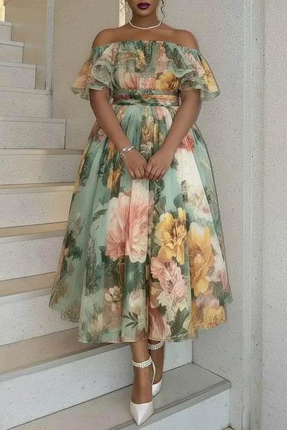 Women's Plus Size Green Floral Off Shoulder Ruffle Chiffon Midi Dress High Waist A Line Flowy Formal Dress Elegant Party Dress
