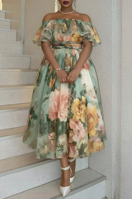 Women's Plus Size Green Floral Off Shoulder Ruffle Chiffon Midi Dress High Waist A Line Flowy Formal Dress Elegant Party Dress
