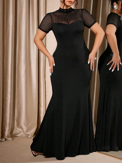 Plus Size Women Mesh Evening Dress High Neck Cap Sleeve Sheer Gown Frock Slim Fit Casual Elegant Ladies Wear Spring Summer Dress