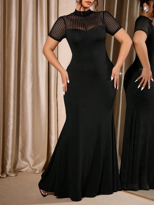 Plus Size Women Mesh Evening Dress High Neck Cap Sleeve Sheer Gown Frock Slim Fit Casual Elegant Ladies Wear Spring Summer Dress