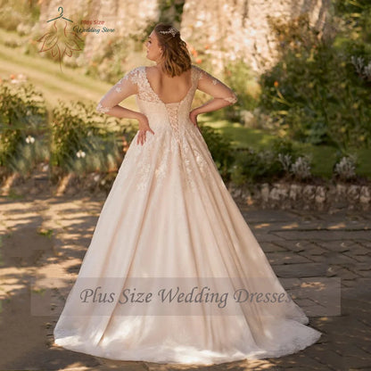 Customized Wedding Dresses Plus Size V Neck 3/4 Sleeves Bride Gowns Appliques Lace up Sweep Train Tulle A-Line Robe De PSL98009
