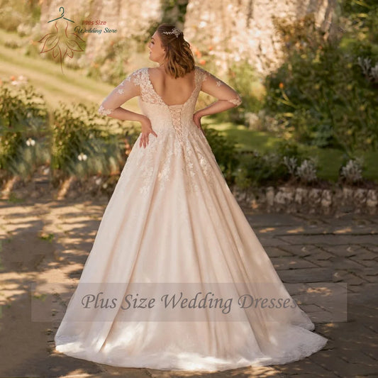 Customized Wedding Dresses Plus Size V Neck 3/4 Sleeves Bride Gowns Appliques Lace up Sweep Train Tulle A-Line Robe De PSL98009
