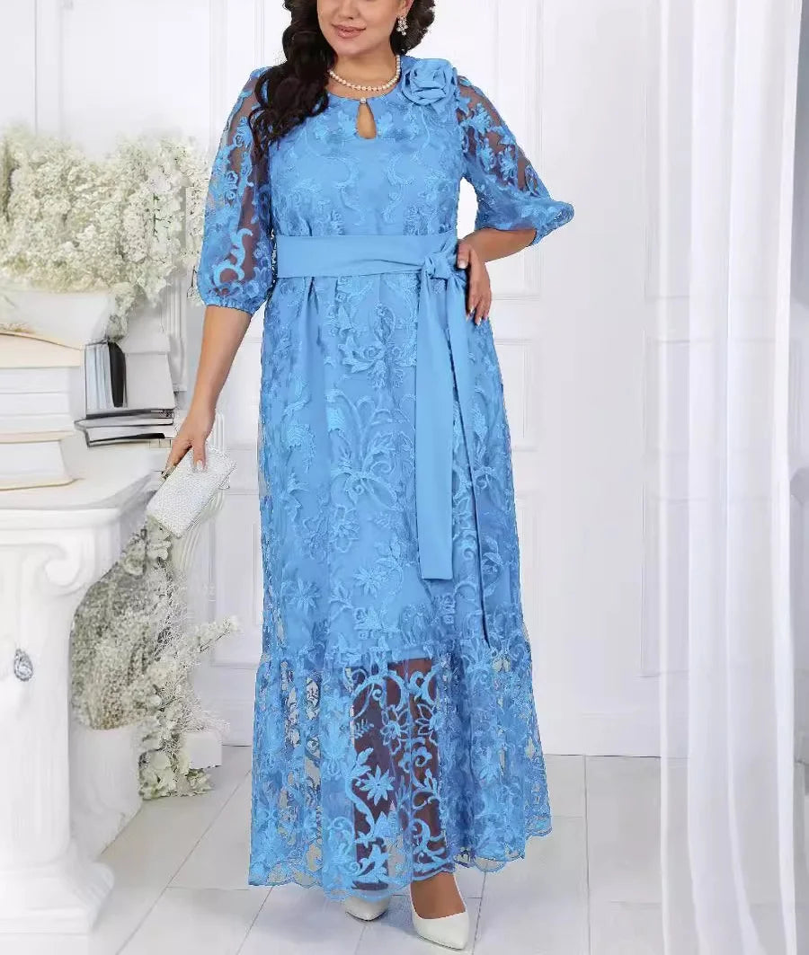 New Women's Elegant Lace Embroidery Cocktail Party Dresses Spring Plus Size Hollow Out Prom Gown Ladies Slim Formal Maxi Dress