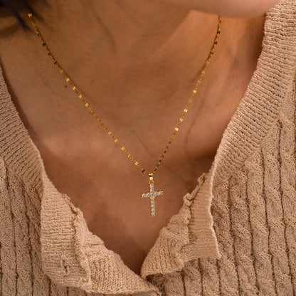 Youthway Stainless Steel 18K Gold Plated White Cubic Zirconia Cross Pendant Necklace Waterproof Trendy Jewelry Women New