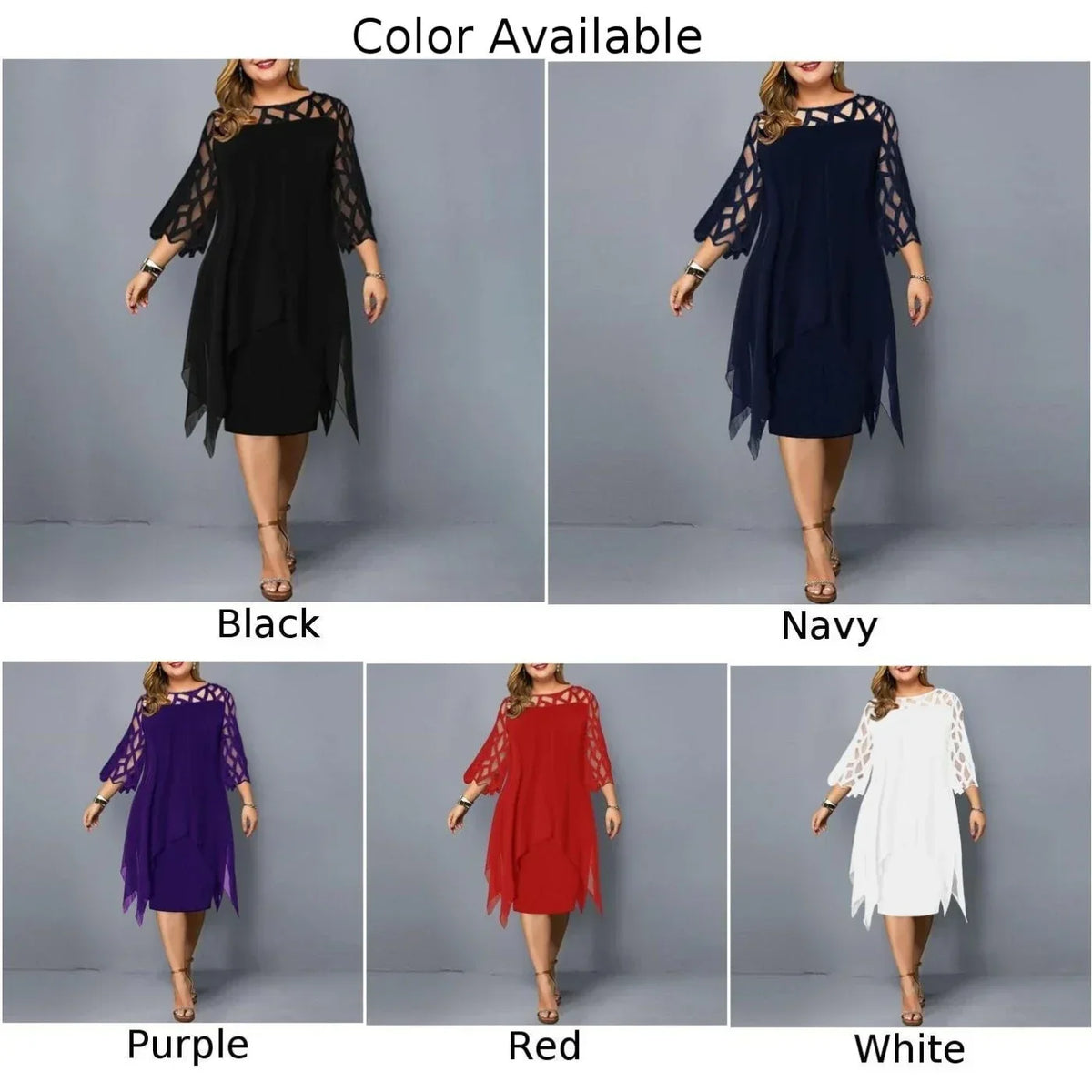 Elegant Women Party Dress Plus Size Evening Dresses Hollow Out Lace Sleeve Monochrome Irregular Hem Chiffon Dress