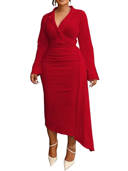 Plus Size Chubby Dress Curvy Women Solid Color Luxurious Slimming Evening Dresses V Neck Blazer Collar Long Sleeve Elegant Dress