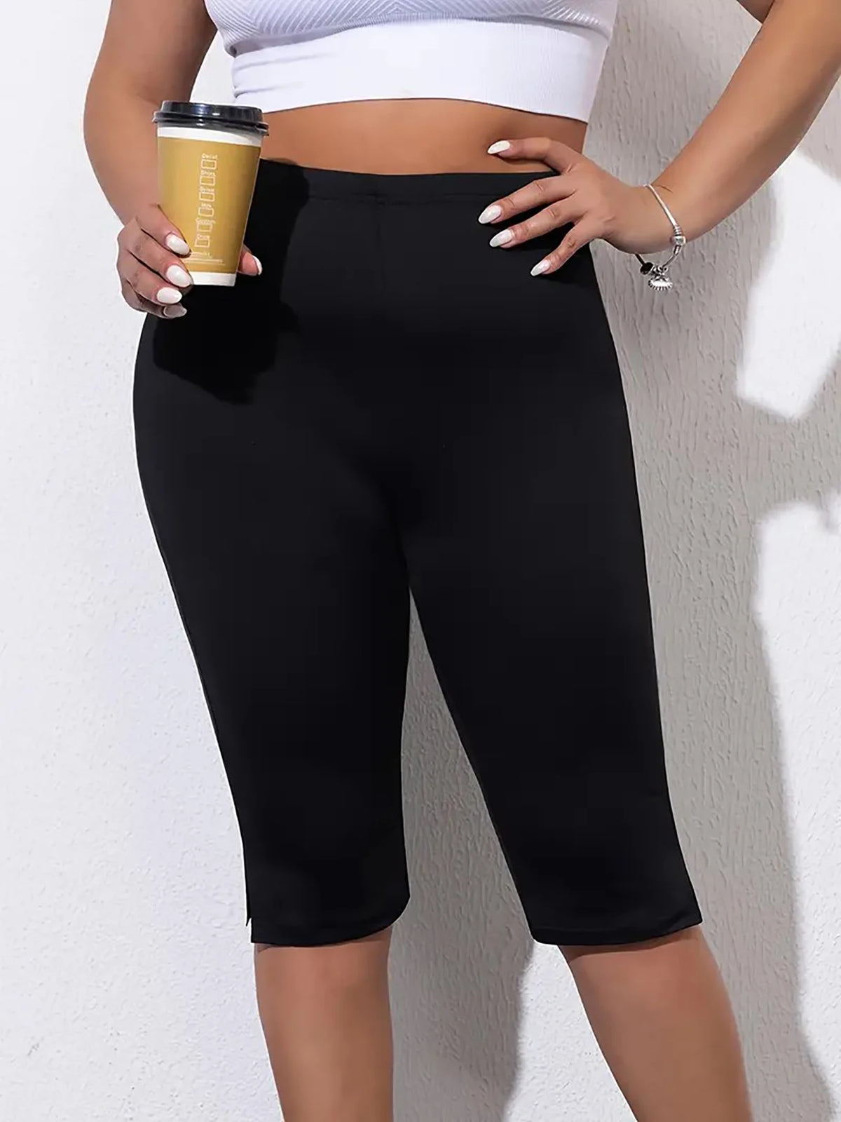 Curvy Plus Size Women's Skinny Capri with Side Split Mid PantsSolid Color Elastic Leggings Fashion Casual Summer Knit Trousers