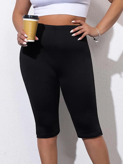 Curvy Plus Size Women's Skinny Capri with Side Split Mid PantsSolid Color Elastic Leggings Fashion Casual Summer Knit Trousers