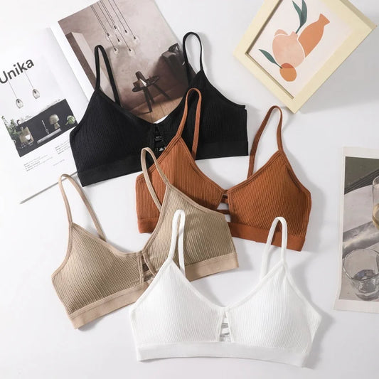 Women's Ribbed Hollow-Out Bralette Wireless Bra Breathable Padded Underwear Ladies Thin Strap Lingerie Daily Wear Sports Bras