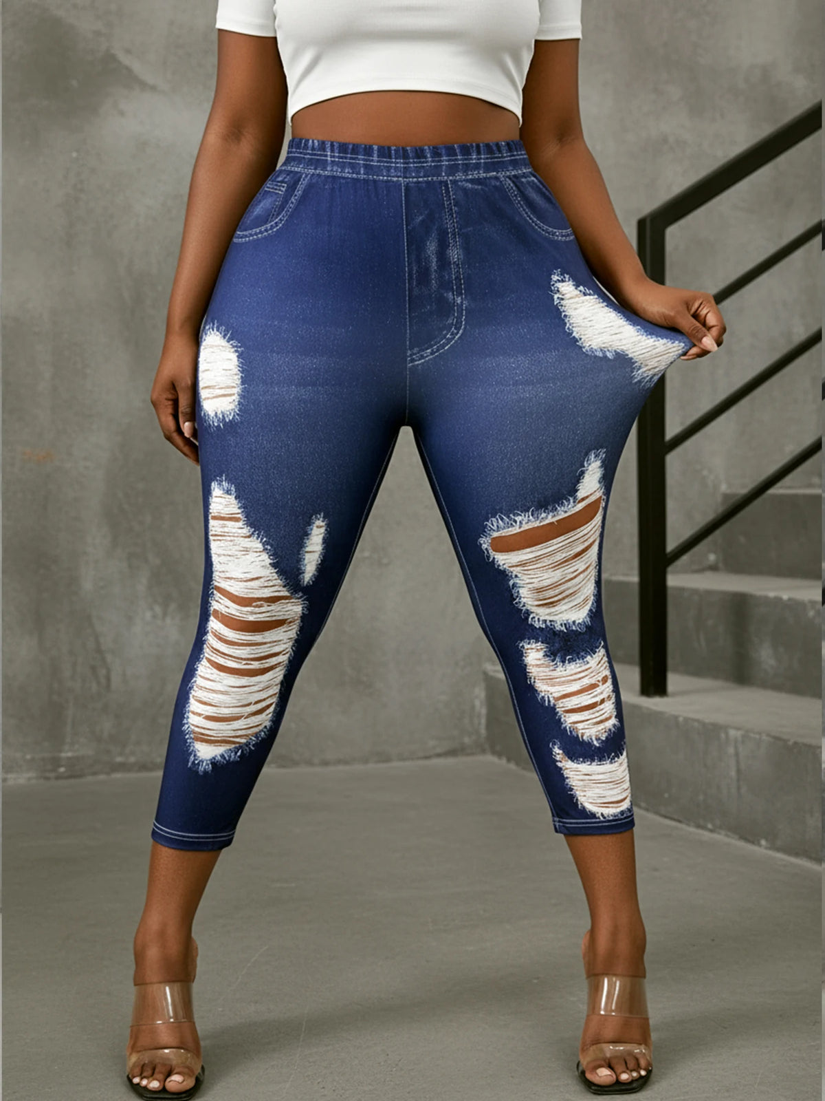 Plus Size Curvy Women Elastic Waist Capri Leggings Faux Denim Distressed Ripped Print Casual Cropped Pants For Walking Shopping