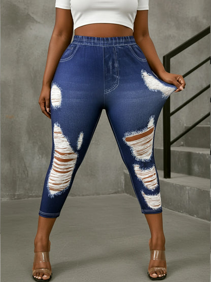 Plus Size Curvy Women Elastic Waist Capri Leggings Faux Denim Distressed Ripped Print Casual Cropped Pants For Walking Shopping