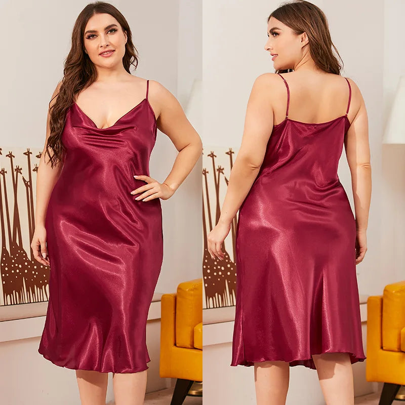Plus Size 3XL 4XL 5XL Women's Nightgown Chemise Sleepwear Sexy Suspender Lace V-Neck Nightdress Loose Satin Homewear