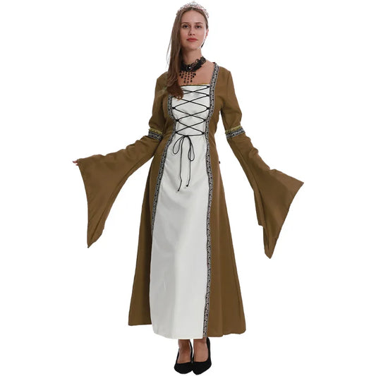 Women Plus Size Square Neck Flare Long Sleeve Retro Lace Up Gothic Evening Dress Elegant Outfit For Ball Party Stage Role Play