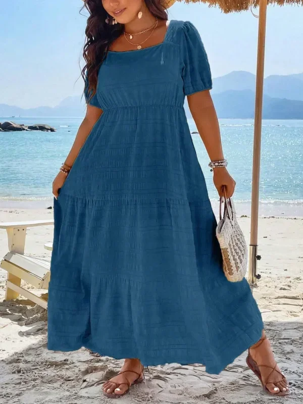 Plus Size 1XL-5XL New Women's Fashionable Square Neck Solid Color Dress Ladies Casual A-line Skirt Short Sleeved Long Dress