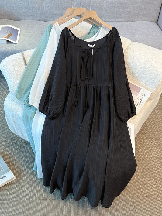 150Kg Plus Size Women's Bust 151 Autumn Solid Color Strap Casual Style Square Neck Long Sleeved Dress 5XL 6XL 7XL 8XL 9XL