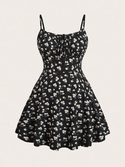 Plus Size Women's Floral Print Spaghetti Strap Fit and Flare Dress