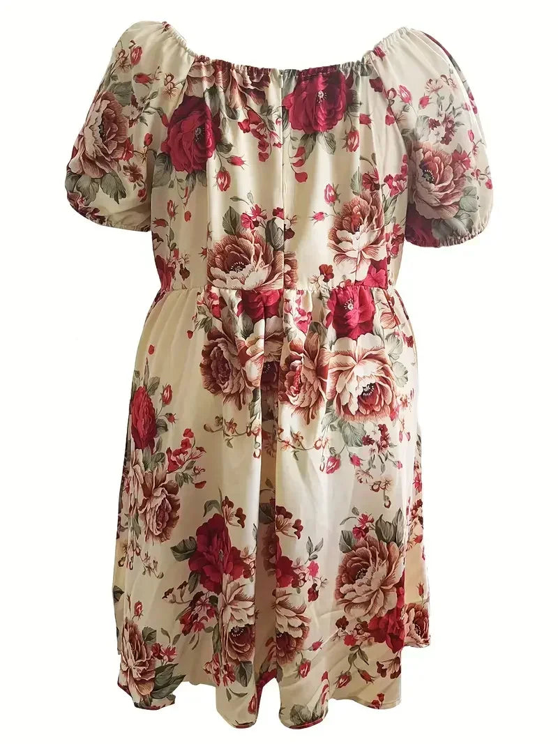 Plus Size 1XL-5XL Fashion Short Sleeve Floral Print Dress Ladies Casual Puff Sleeve Square Neck Dress For Spring & Summer