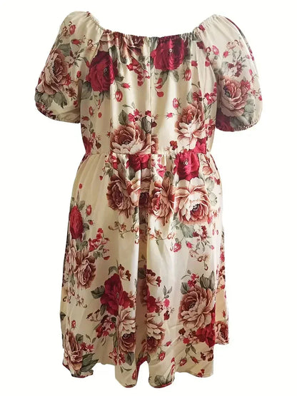 Plus Size 1XL-5XL Fashion Short Sleeve Floral Print Dress Ladies Casual Puff Sleeve Square Neck Dress For Spring & Summer