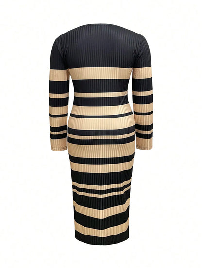 Plus-size Women's Spring and Autumn Slimming Striped Print Long-sleeved Gathered Dress