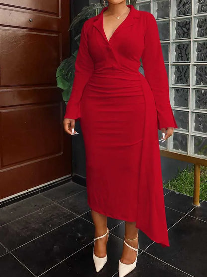 Plus Size Chubby Dress Curvy Women Solid Color Luxurious Slimming Evening Dresses V Neck Blazer Collar Long Sleeve Elegant Dress