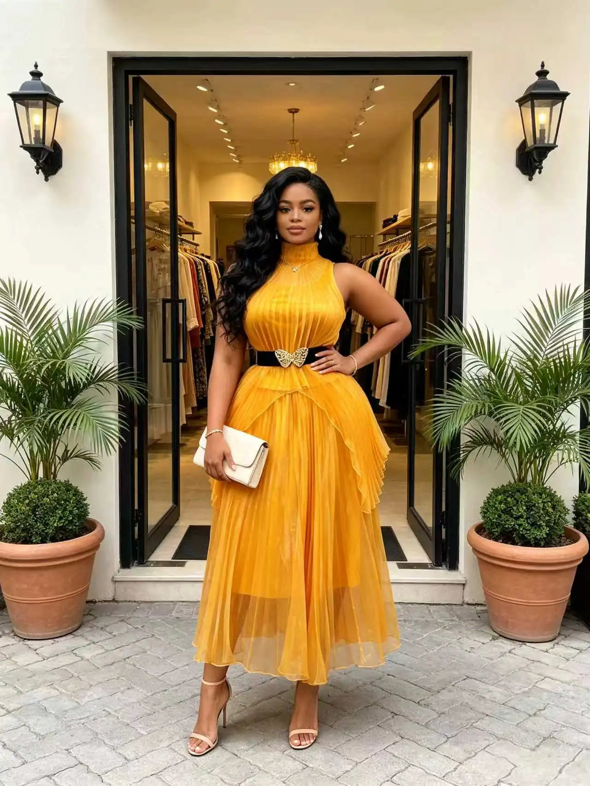 Plus Size Women Two Piece Pleated Skirt Set High Neck Sleeveless Top Midi Dress with Black Gold Butterfly Belt Ladies Elegant Ou
