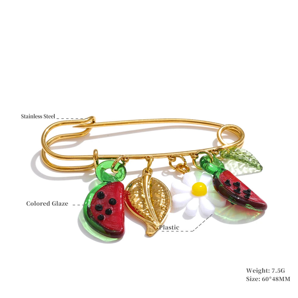 Yhpup 1Pcs Fashion Plastic Strawberry Fruit Heart Flower Shell Drop Charm Clasp Pin 18K Golden Plated Stainless Steel Jewelry