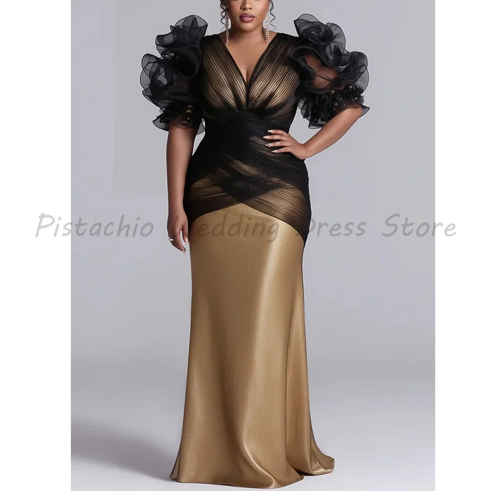 Plus Size Black and Gold Mermaid Evening Dress Luxury Ruffle Puff Sleeve Mesh Formal Prom Gown for Women
