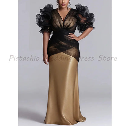 Plus Size Black and Gold Mermaid Evening Dress Luxury Ruffle Puff Sleeve Mesh Formal Prom Gown for Women